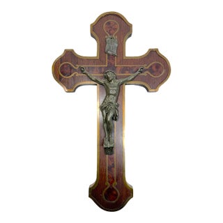 Antique 1800's French Bronze Patinated Metal Inlaid Wood Wall Crucifix Cross For Sale