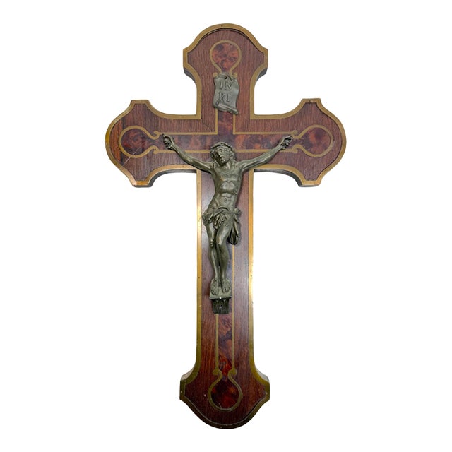 Antique 1800's French Bronze Patinated Metal Inlaid Wood Wall Crucifix Cross For Sale