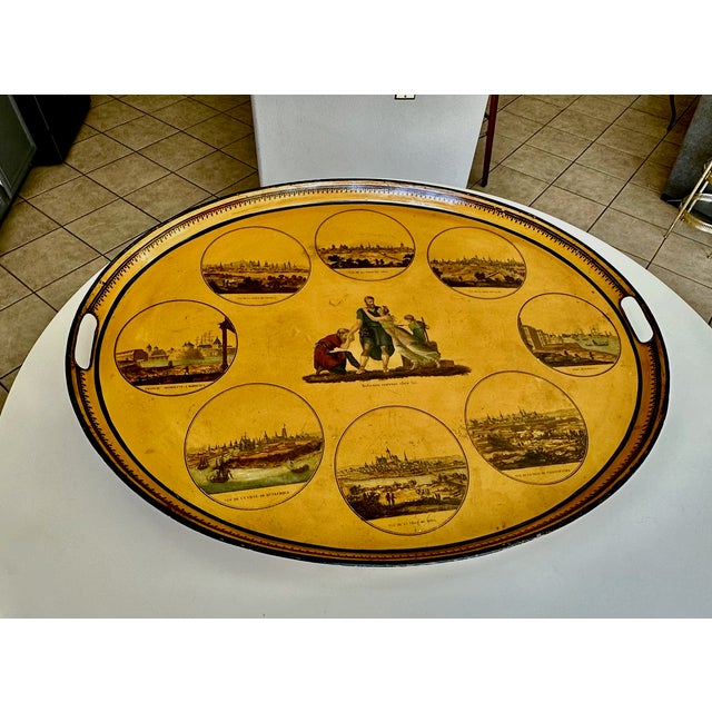 Traditional Large Antique French Empire Yellow Oval Tole Tray - Early 19th-Century For Sale - Image 3 of 16