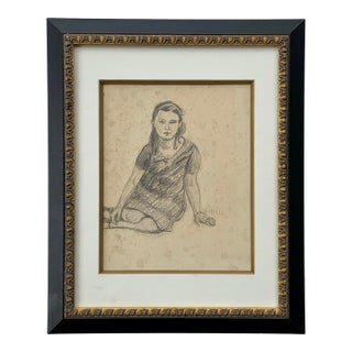 1930s Pencil Sketch of Seated Young Girl For Sale