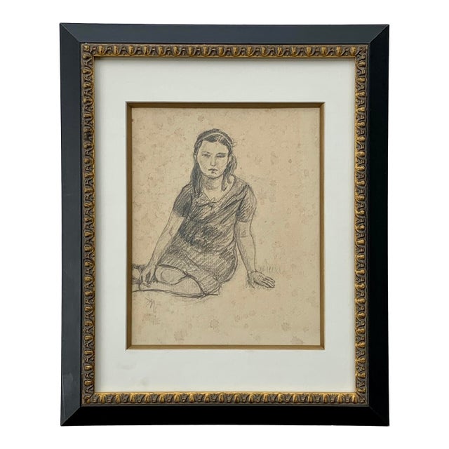 1930s Pencil Sketch of Seated Young Girl For Sale