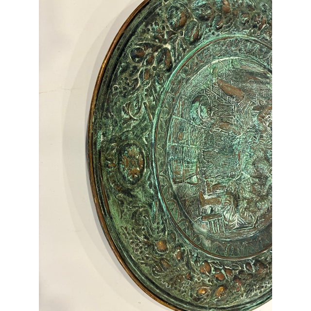 Large 22.5” Antique Dutch Tavern Scene Copper Repoussé Wall Plaque / Charger Circa 1890’s For Sale - Image 6 of 12