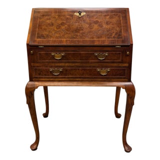 Vintage Traditional Chippendale Style Walnut & Burl Wood Secretary Desk For Sale