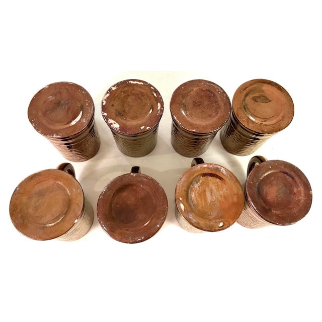 1930s Handcrafted, Artisan – Ceramic Large, Pitcher, and Eight Tankards-in a Hammered Copper Lusterware Finish - Set of 9 For Sale - Image 4 of 11
