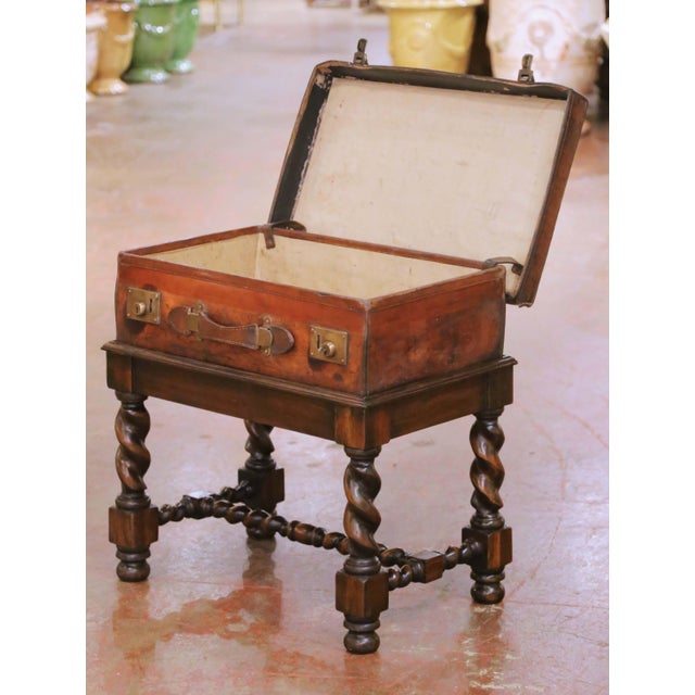 19th Century English Leather Suitcase on Walnut Stand Side Table For Sale In Dallas - Image 6 of 13