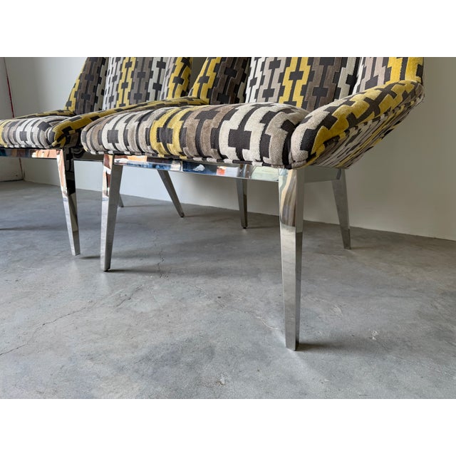 Thayer Coggin Geometric Fabric Upholstery Lounge Chairs With Chrome Legs – A Pair For Sale - Image 14 of 18