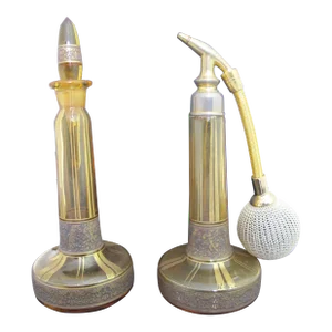 Moser Amber Art Nouveau Gilt Glass Atomizer Perfume Bottle Set Pair in Case