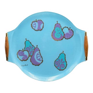 Vintage MCM Georges Briard Large Blue & Purple Fruit Curved Glass Tray W/ Wood Handles For Sale