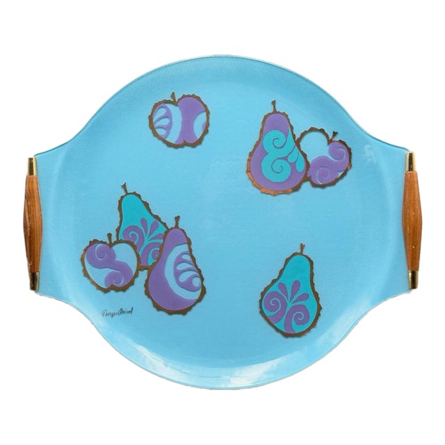 Vintage MCM Georges Briard Large Blue & Purple Fruit Curved Glass Tray W/ Wood Handles For Sale