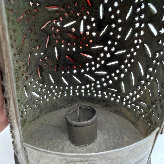19th Century American Hand Punched Tin Candle Lantern With Pinwheel Motif For Sale - Image 10 of 16