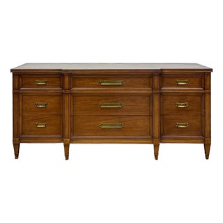 Vintage Dresser Drexel Transitional MCM Nine Drawer Lowboy Brass Handles For Sale