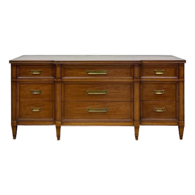 Vintage Dresser Drexel Transitional MCM Nine Drawer Lowboy Brass Handles For Sale