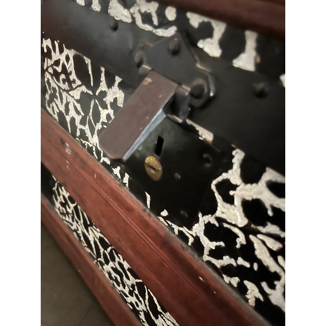 Antique Steamer Trunk Dome Top Embossed Metal Finish With Wheels For Sale - Image 9 of 10