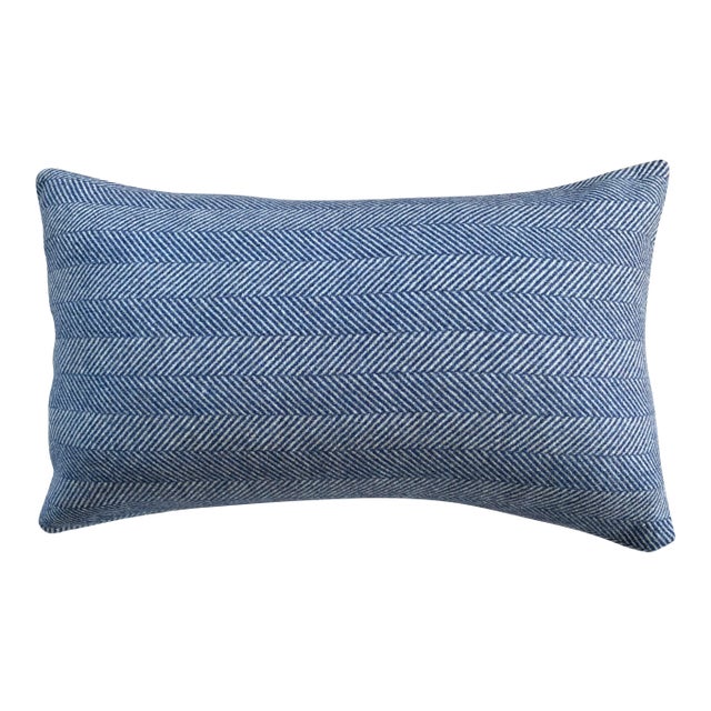 Contemporary FirmaMenta Navy Blue Herringbone Wool Lumbar Pillow For Sale