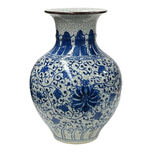 Orient Off White Crackle Blue Floral Pattern Pottery Ceramic Vase