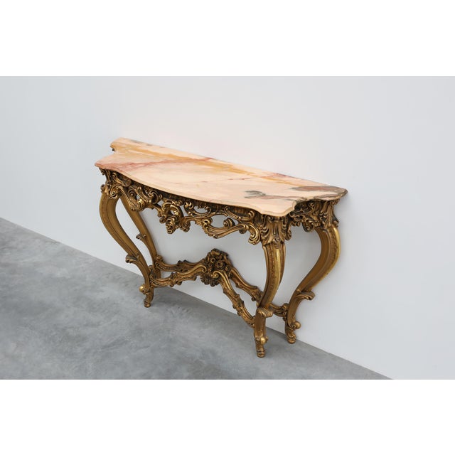 Louis XV Rococo Style Carved Gilt Console Table with Rose Marble Top, Italy, 1950s For Sale - Image 11 of 16