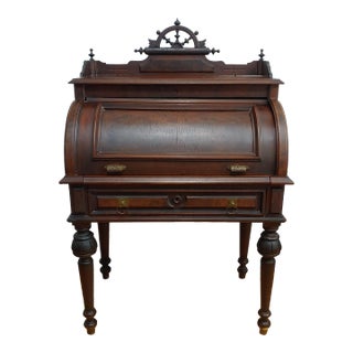 Antique 19th Century Mahogany Renaissance Revival Banker's Cylinder Secretary Desk For Sale