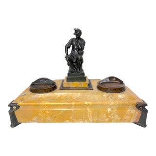 Antique French Solid Siena Marble Bronze Lorenzo De Medicis Statue Desk Inkwell For Sale