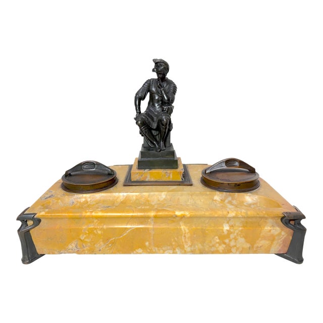 Antique French Solid Siena Marble Bronze Lorenzo De Medicis Statue Desk Inkwell For Sale