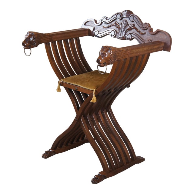 20th Century Renaissance Revival Savonarola X Folding Lion Head Throne
