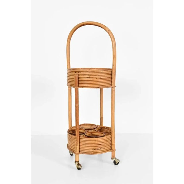 Italian Red Velvet, Bamboo & Rattan Bar Trolley, 1960s For Sale - Image 3 of 17