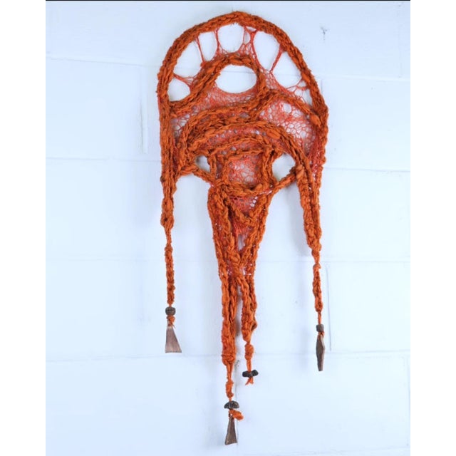Mid Century Artisan Made Woven Orange Macrame Wall Hanging For Sale - Image 4 of 4