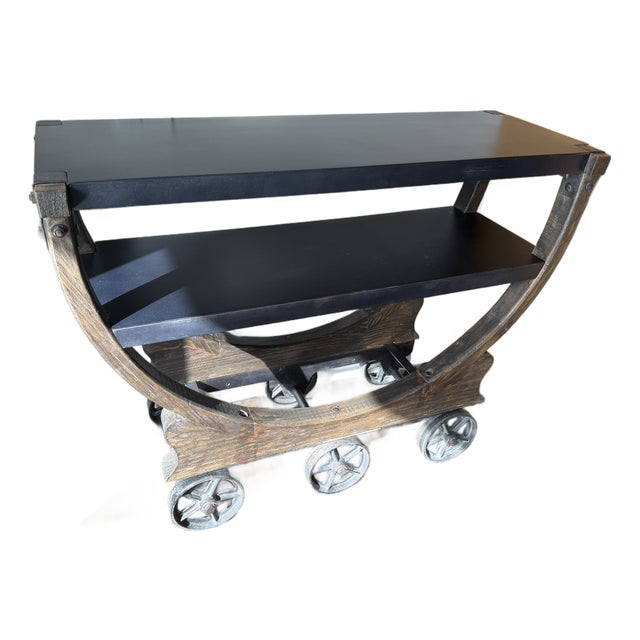 Restoration Hardware Bar Cart — Industrial Modern, Sculptural Wheels, Two‑Tier Design For Sale