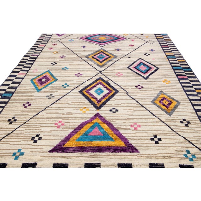 Tribal Modern Moroccan Style Handmade Multicolor Tribal Wool Rug For Sale - Image 3 of 12