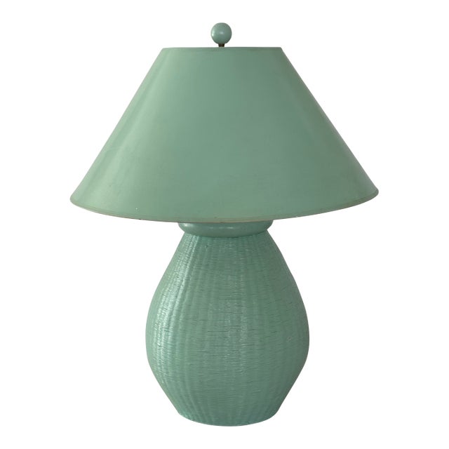 Vintage Boho Coastal Chic Painted Wicker Table Lamp With Lacquered Paper Shade For Sale