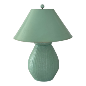 Vintage Boho Coastal Chic Painted Wicker Table Lamp With Lacquered Paper Shade