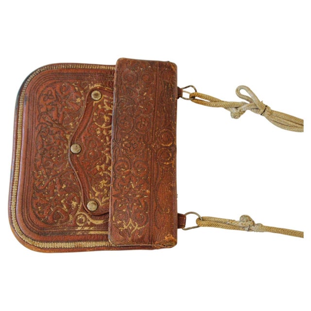 Antique Hand Tooled Leather Moroccan Bag Wall Decor For Sale - Image 15 of 16