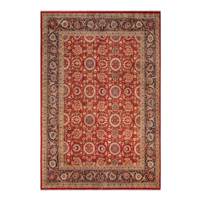 Shabby Chic Agra Tabriz Pak-Persian Red/Blue Wool Rug - 9'2'' X 12'3'' For Sale