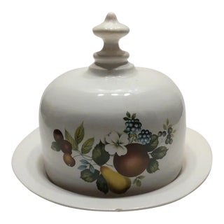 Vintage Cheese Butter Dish Cloche Domed Serving White Ceramic Fruits Florals For Sale