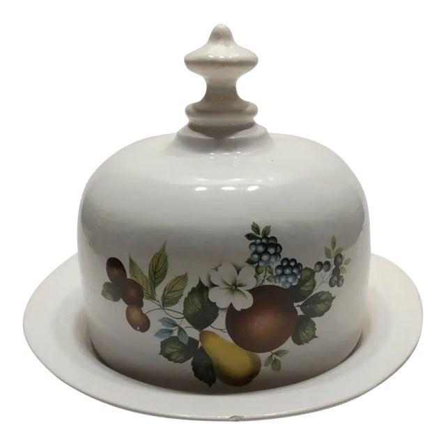 Vintage Cheese Butter Dish Cloche Domed Serving White Ceramic Fruits Florals For Sale