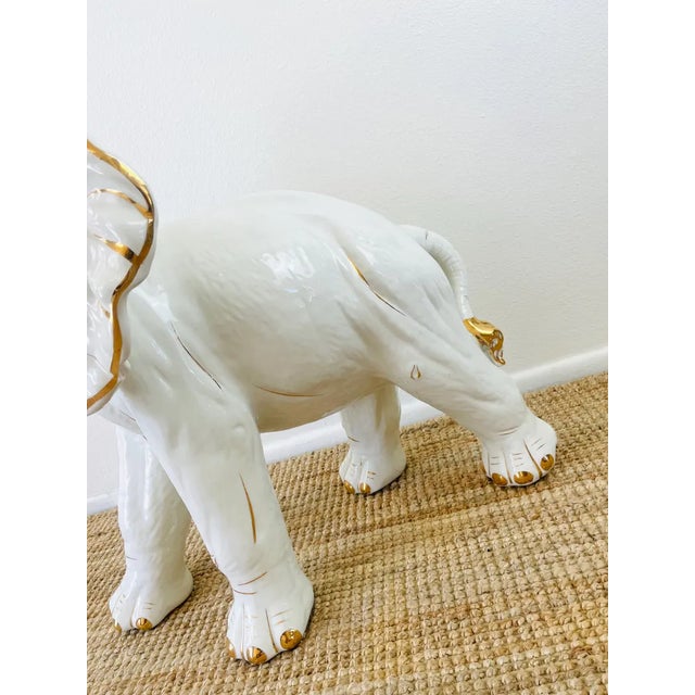 Vintage 1980s Huge White & Gold Ceramic Statue With Trunk Up / Blanc De Chine For Sale - Image 4 of 10
