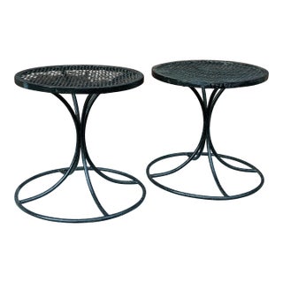 1960s Salterini Black Metal Mesh Top Tulip Base Outdoor Side Tables - A Pair For Sale