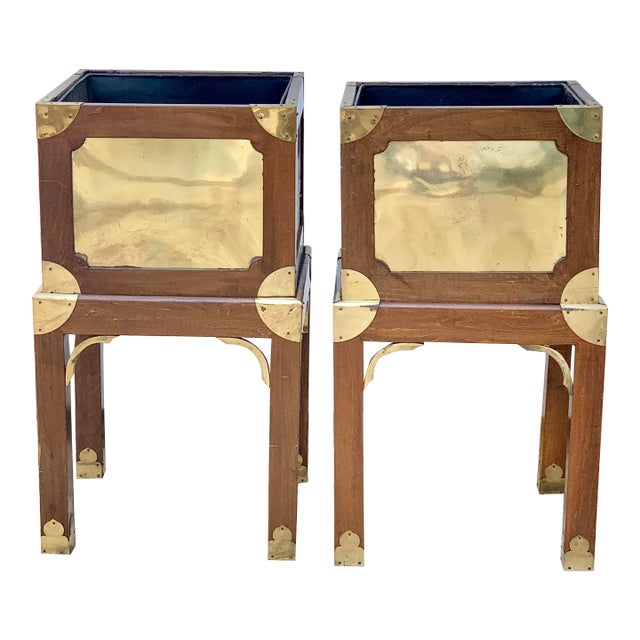 Vintage Brass and Wood Chinoiserie Style Plant Stands-A Pair For Sale