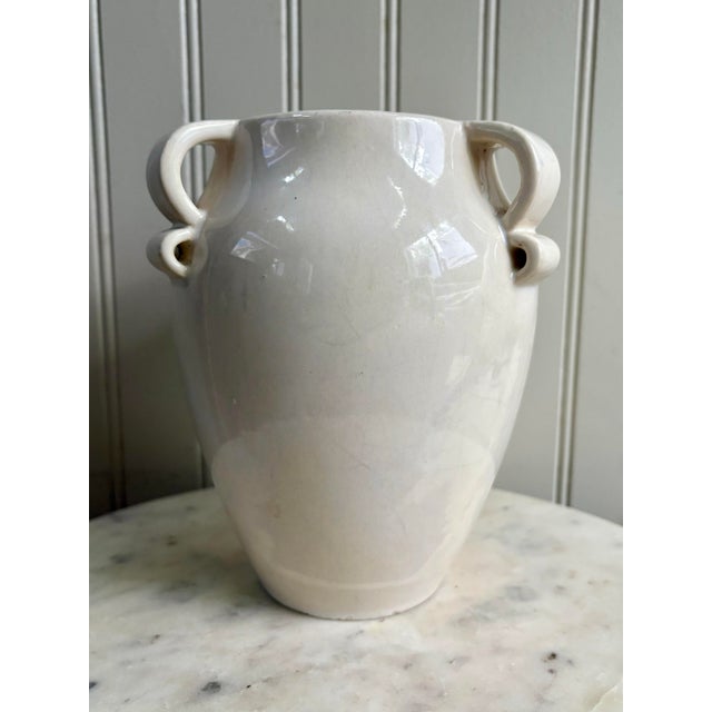 Vintage Fulper Pottery Vase -mold #887 -features 3 Ribbon Handles -Circa 1930s -white glossy mirror glaze -approximately...