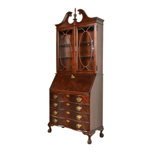 Chippendale Flame Mahogany Drop Front Secretary Desk With Lighted Bookcase Hutch by Jasper Cabinet Co.
