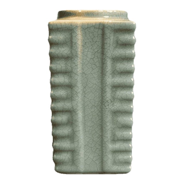 Chinese Ceramic Vase,Guan Ware Celadon Glaze Porcelain Vase Hand Painted Ridged Decoration Pattern For Sale