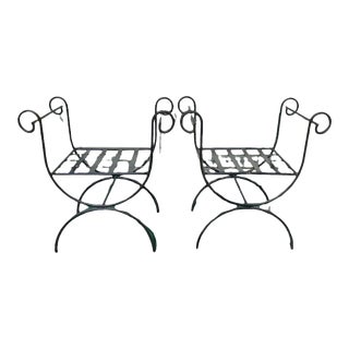 Vintage Wrought Iron Tall Scroll Arms Ottoman Benches- a Pair For Sale
