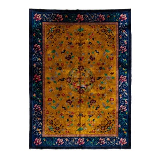 1920s Antique Peking Chinese Wool Rug Handmade With Floral Design in Goldenrod For Sale