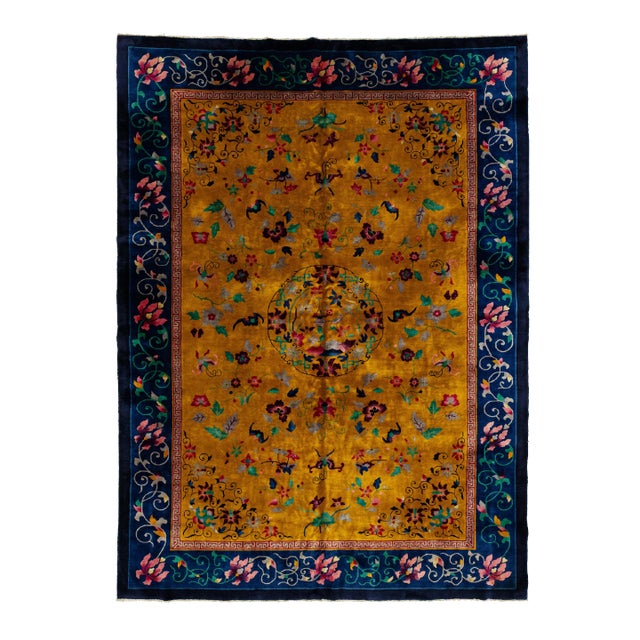 1920s Antique Peking Chinese Wool Rug Handmade With Floral Design in Goldenrod For Sale