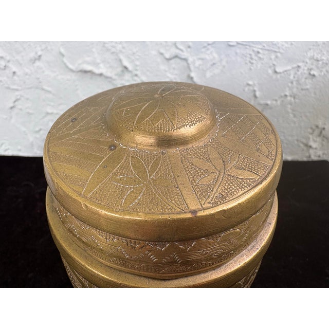 Metal Vintage Hand-Etched Asian Brass Covered Jars – Set of 2 Decorative Canisters For Sale - Image 7 of 12