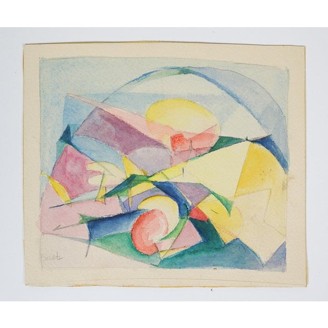 Small Mid 20th Century Teal Yellow and Pink Abstract Watercolor Painting For Sale - Image 4 of 4