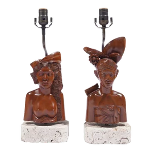 Pair of Balinese Carved Bust Lamps Mounted on Cut Coral Bases, C. 1920-40