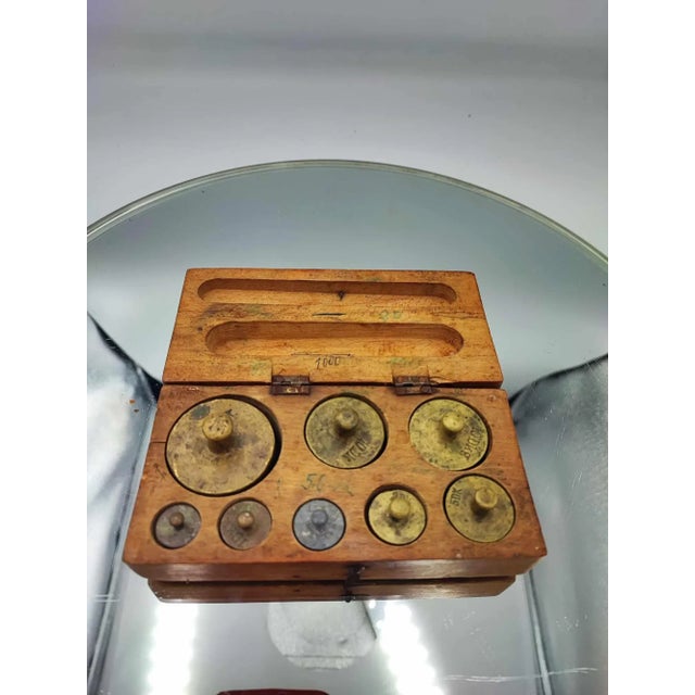 Pre-War Brass Weights in Scale Box, 1890s, Set of 9 For Sale - Image 6 of 6