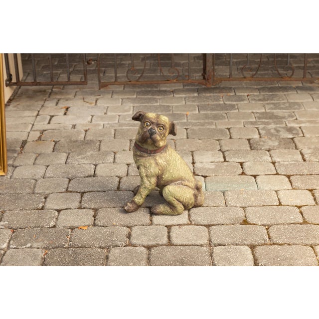 An English vintage composition sitting dog sculpture from the mid-20th century, with glass eyes and red collar. How not to...