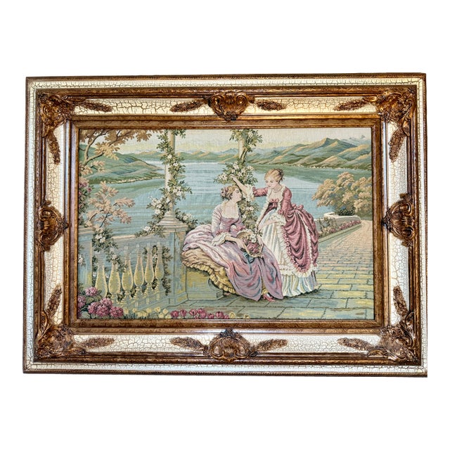 Vintage European Rococo-Style Jacquard Tapestry in Gilt Frame For Sale