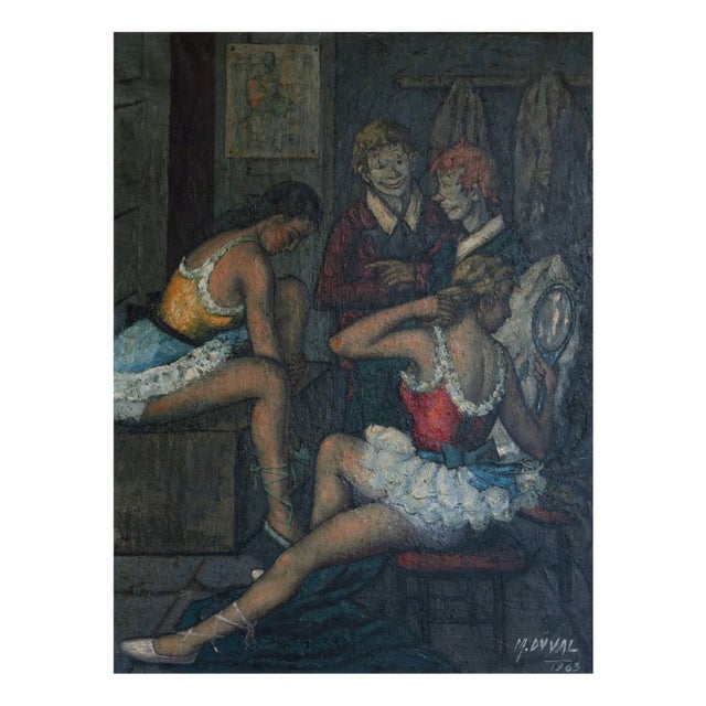 M. Duval, Backstage with Clowns and Dancers, 1950s, Oil on Canvas For Sale